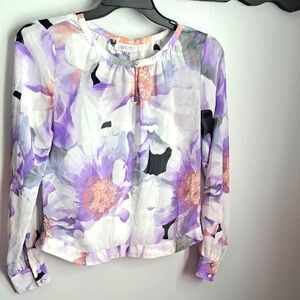 Jennifer Lopez Floral Blouse - Purple, White, and Black Sheer Top Sz Small
